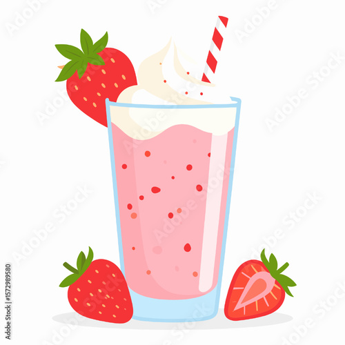 Vibrant Strawberry Milkshake with Whipped Cream and Striped Straw Detailed Pixel Art on White Backdrop for Digital Design and Retro Gaming Themes
