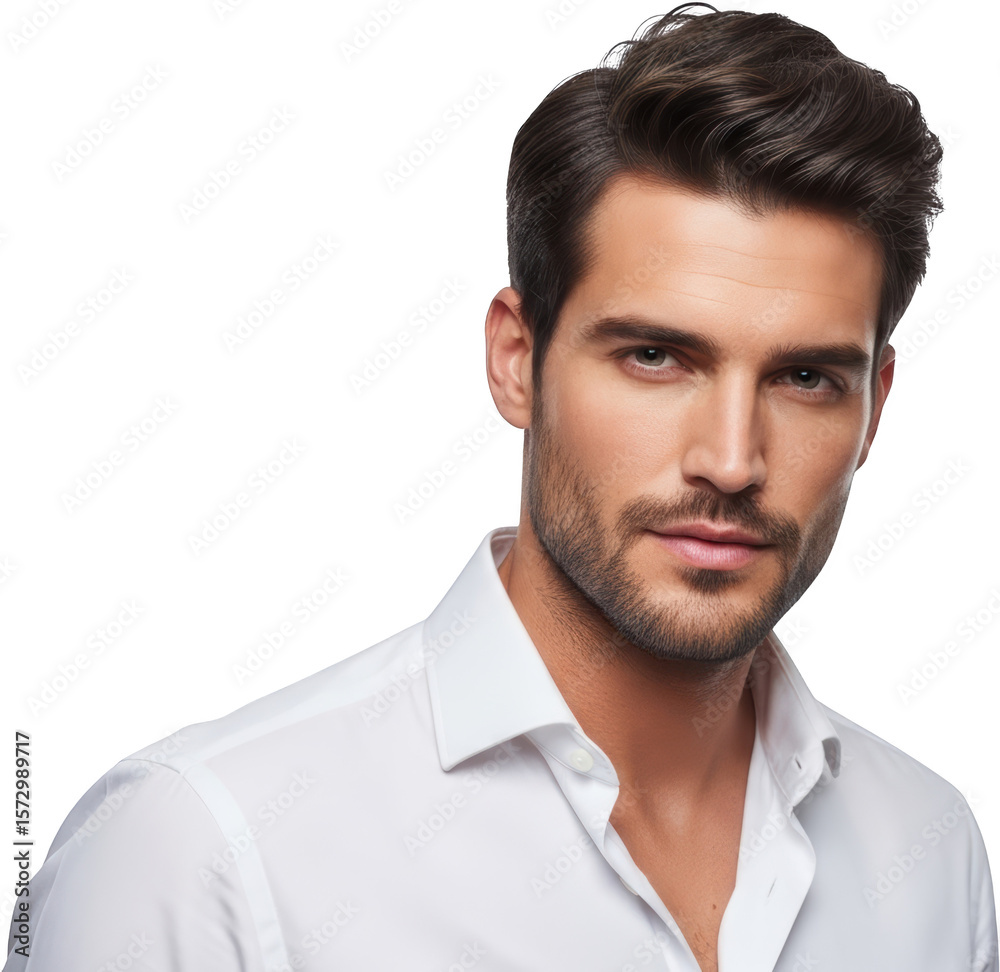 Fototapeta premium Headshot of a handsome man with styled dark hair and a beard wearing a white collared shirt