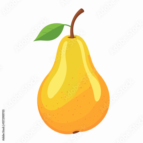 Vibrant Yellow Pear with Green Leaf Detailed Illustration Fresh Fruit Still Life Isolated in White Background Natural Food Vegetarian Diet