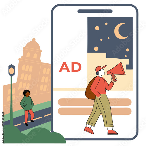Digital advertising campaign on a mobile phone screen with a person holding a megaphone and a city street scene with a building and a pedestrian