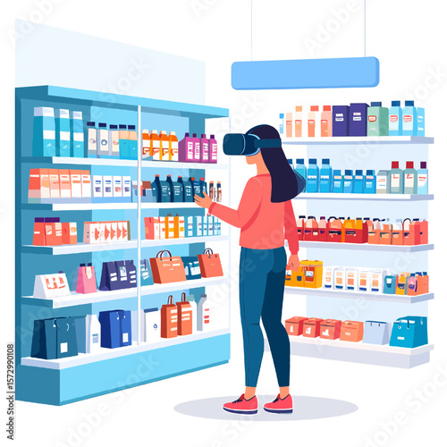 Woman with VR Headset Shopping for Products on Shelves in Brightly Lit Pharmacy Aisle