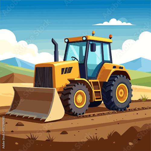 Yellow Tractor on Brown Soil with Blue Sky Mountains and White Clouds in a Pixel Art Style Depicting a Construction Machine