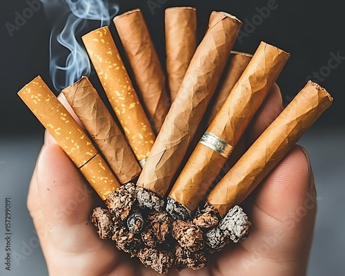 A hand holding burning cigarettes and cigars with visible smoke
