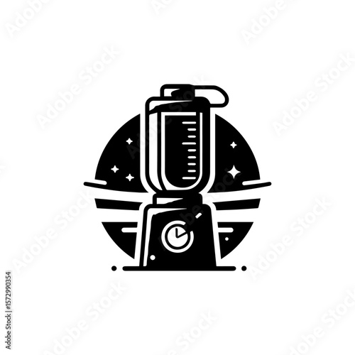 A stylized black and white illustration of a blender with a timer.