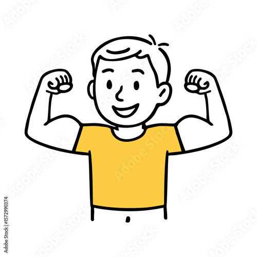 Strong Boy Showing Muscles in Yellow t-shirt. Gym, Flexing Muscles, Raised Arms, Strong Pose Doodle Line Art. Hand-Drawn Vector Illustration