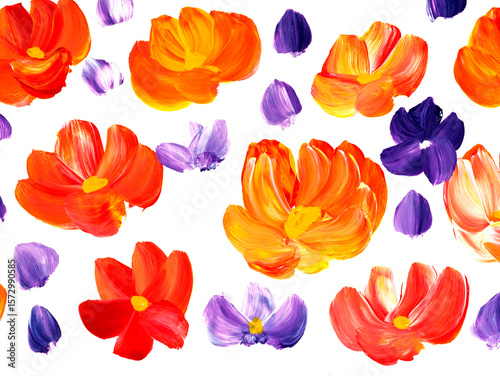Abstract red and purple flowers, original hand drawn, impressionism style, color texture, brush strokes of paint, white background.