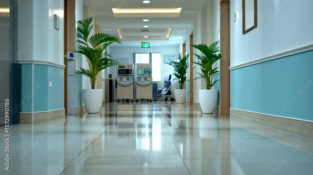 Bright indoor hallway with plants empty clinic corridor with soft lighting clean interior