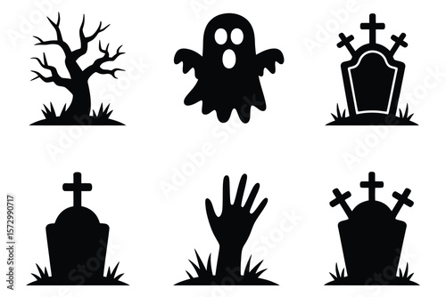 Halloween graveyard icons spooky tree ghost and tombstones
