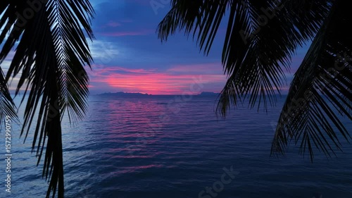 Palms silhouetted against sunset sky. Vibrant tropical sunset casting warm hues of pink, purple, and orange across calm ocean waters, with palm tree silhouettes framing serene landscape at dusk