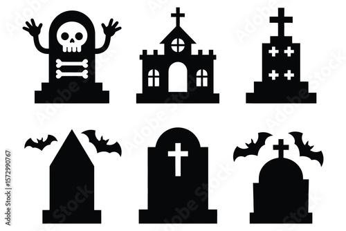 Halloween graveyard icons tombstone cemetery