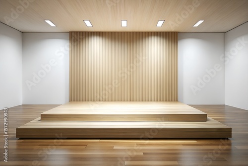Minimalist Wooden Stage with Clean Lines and White Background