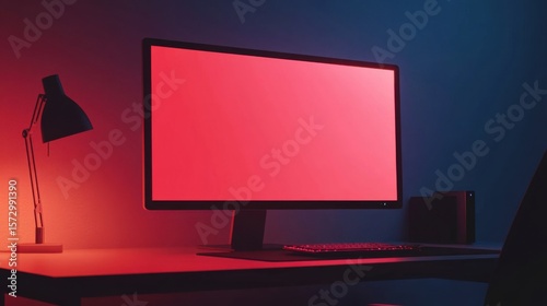 RedLit Workspace Nighttime Computer Setup.