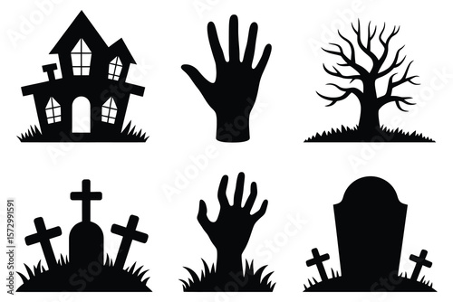 Halloween icons haunted house bare tree graveyard hands