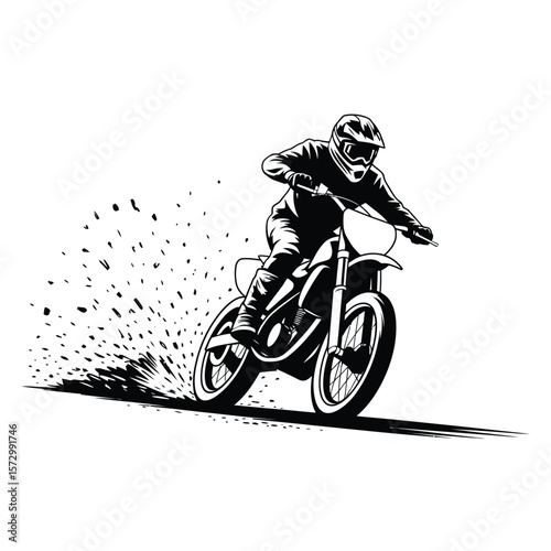 Dynamic black and white illustration of a motocross rider kicking up dirt