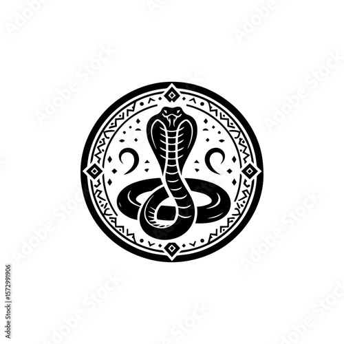 A detailed black and white illustration of a cobra snake within a circular design.