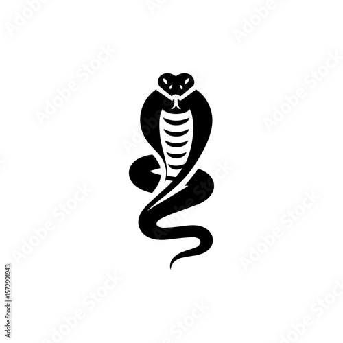 Black and white illustration of a cobra with its hood flared, coiled and ready to strike.