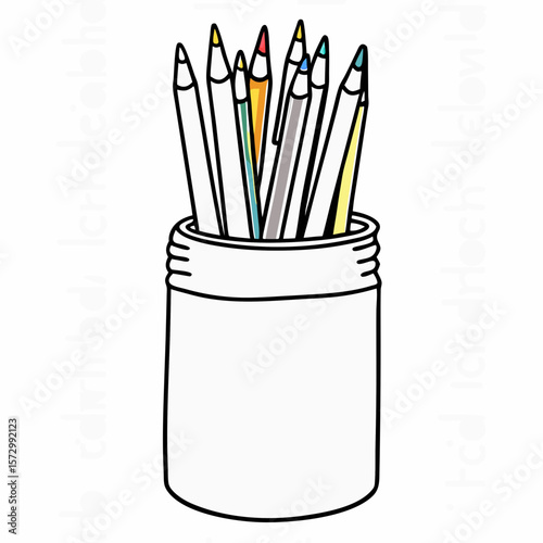 Colored pencils in a jar, simple line art style, for stationery design and back to school design