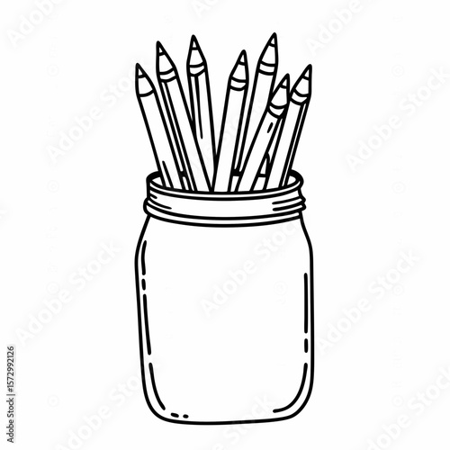 Pencils and pens in a mason jar, line art style, monochrome, for stationery design