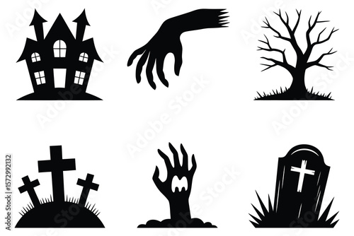 Halloween icons haunted house graveyard spooky tree