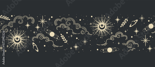 Magic seamless vector border with moon, sun, clouds and stars. Decorative ornament. Graphic pattern for astrology, esoteric, tarot, mystic and magic. 
