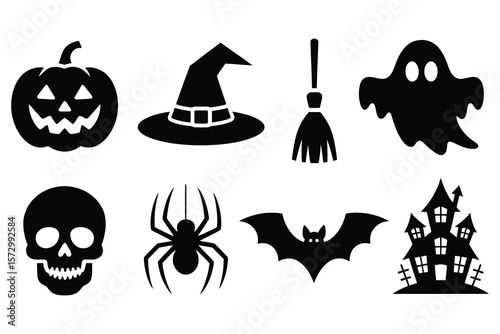Halloween icons pumpkin witch hat broom ghost skull spider bat haunted house