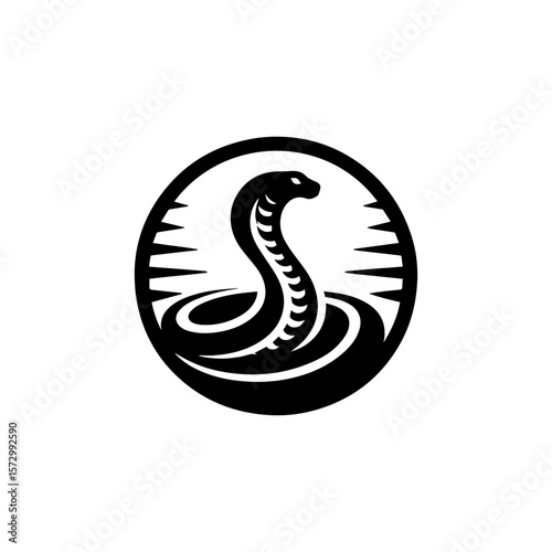 Silhouette illustration of a cobra snake rising from water within a circular frame.