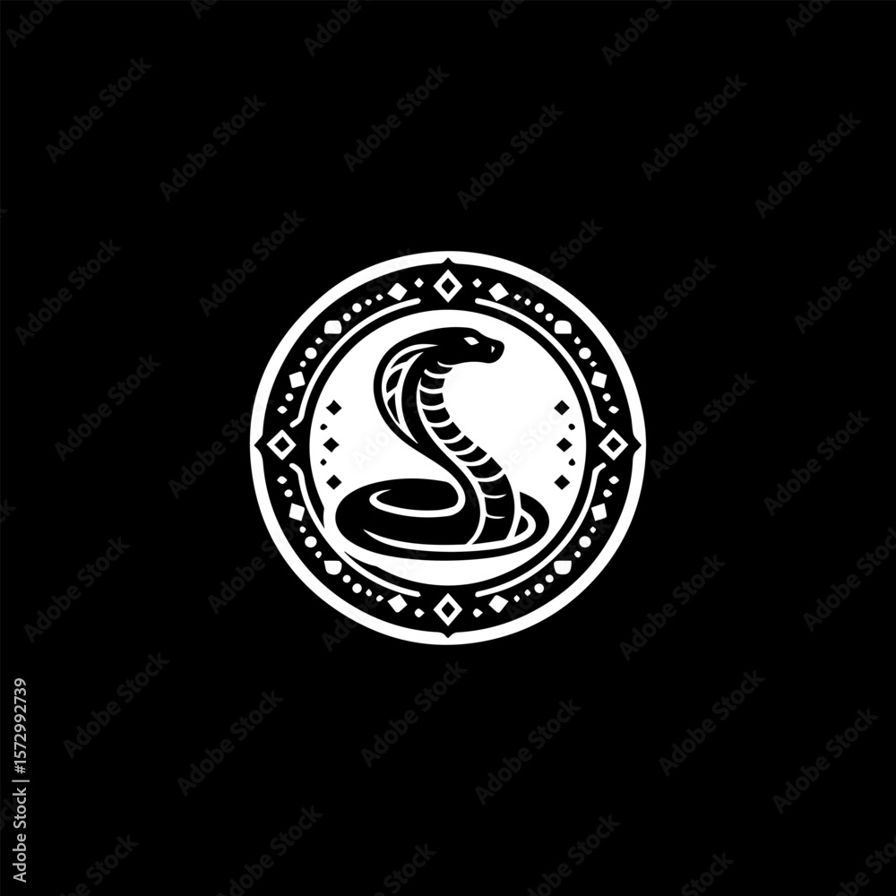 Fototapeta premium Elegant monochrome cobra emblem, encircled by an ornate geometric frame.
