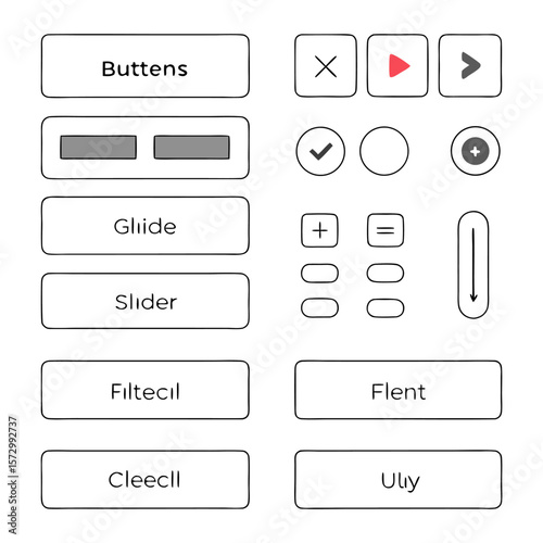 A collection of user interface elements including buttons with text labels like buttens glide slider filtecl and flent uly along with icons for close play next check plus and a scroll bar