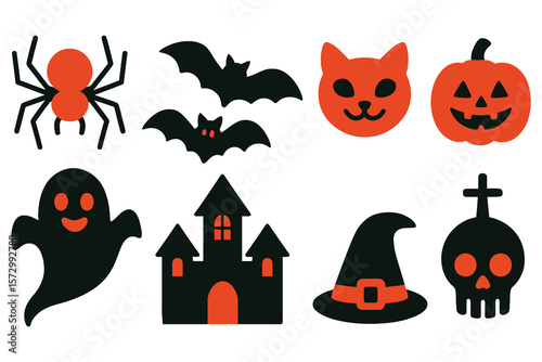Halloween icons spider bat cat pumpkin ghost castle hat skull