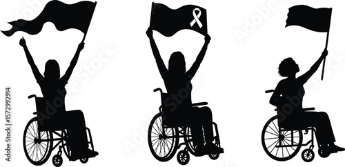 Empowered Woman in Wheelchair Holding Flag Silhouette Vector – Disability Awareness and Activism Concept .