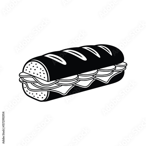 Stylized black and white illustration of a delicious sub sandwich with layers of cheese and meat