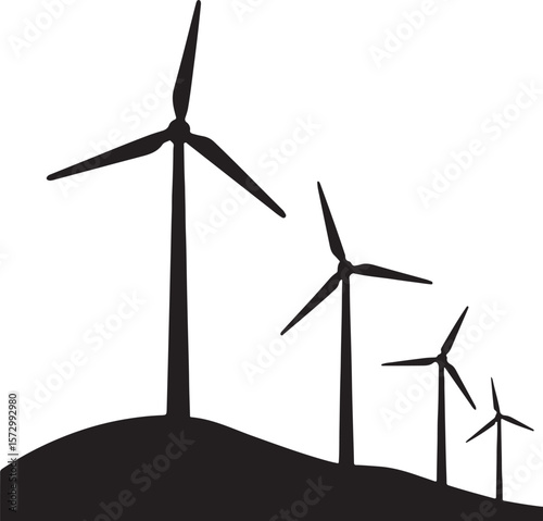 Wind Farm Silhouette on White Background for Clean Power Generation Concepts