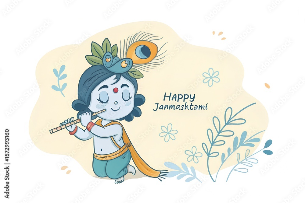 Fototapeta premium Happy Janmashtami with lord krishna hand playing the bansuri card background, Shree Krishna Janmashtami card design 