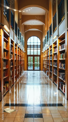 Grand Library Aisle With Arched Windows