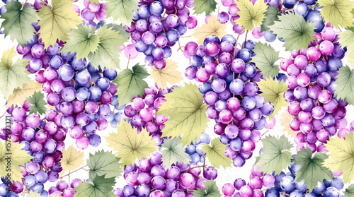 Lush watercolor grape clusters with soft green leaves, forming a rich, elegant pattern inspired by nature, vineyards, and seasonal abundance