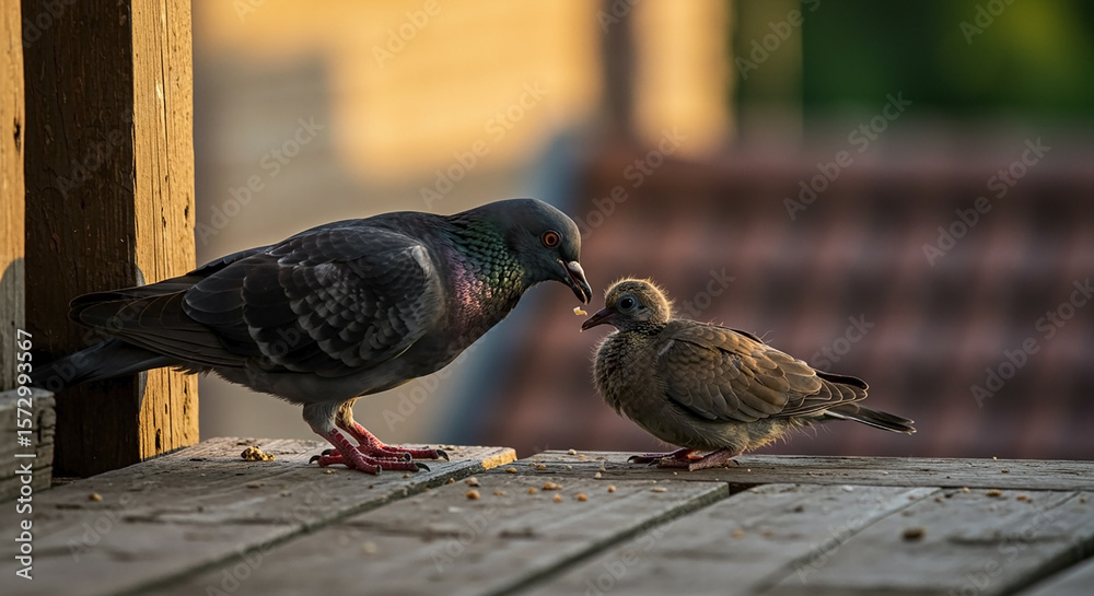 Obraz premium Pigeon Feeding Chick on Wooden Balcony at Sunset