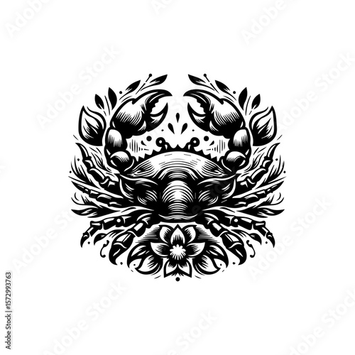 Black and white graphic design of a crab, detailed and ornate, surrounded by stylized floral elements.