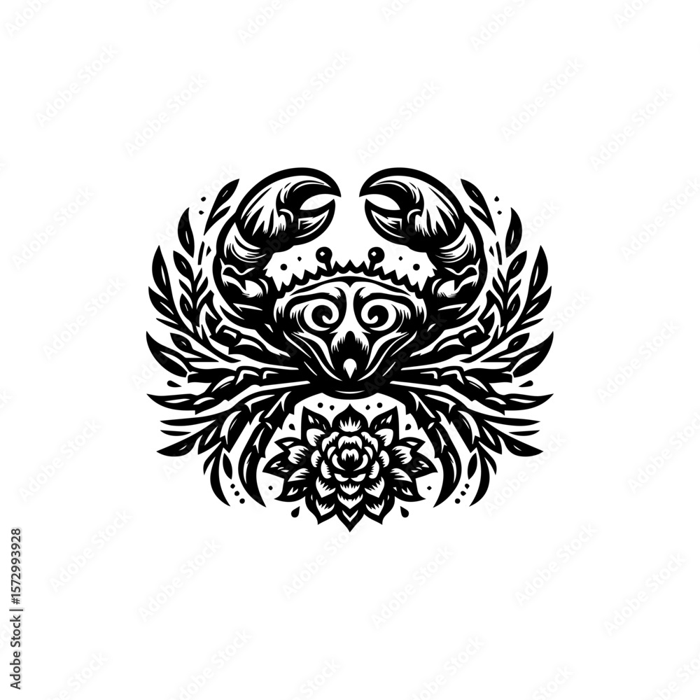 Fototapeta premium Intricate black and white illustration featuring a crab surrounded by floral elements.