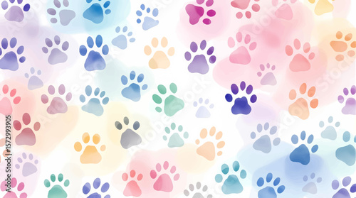 Soft watercolor paw prints scattered across a pastel background, creating a playful, gentle pattern full of warmth and animal-inspired charm