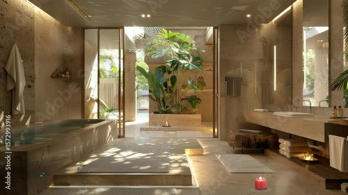 Tropical Spa Bathroom With Sunlight And Plants
