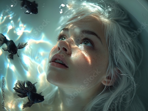 enchanting underwater dreamscape: a surreal bathtub viewpoint featuring a ethereal young woman and graceful betta fish – perfect for captivating art posters in modern interiors.