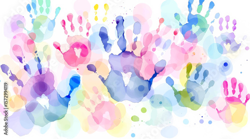 Multicolored handprints scattered across a soft background, capturing a sense of childhood wonder, freedom, and spontaneous artistic energy