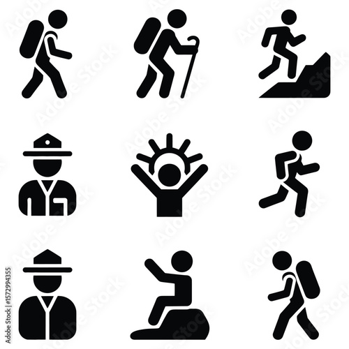Hiking and outdoor activity icons trekking walking