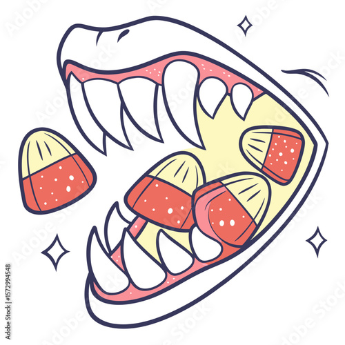 A whimsical and cartoonish illustration of a monster s open mouth filled with candy corn treats and sharp white teeth evoking a playful halloween theme