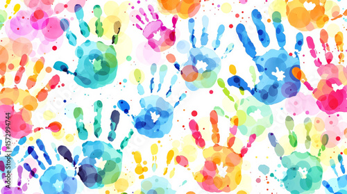 A vibrant collection of painted handprints blending softly, representing unity, imagination, and the beauty of shared artistic experiences