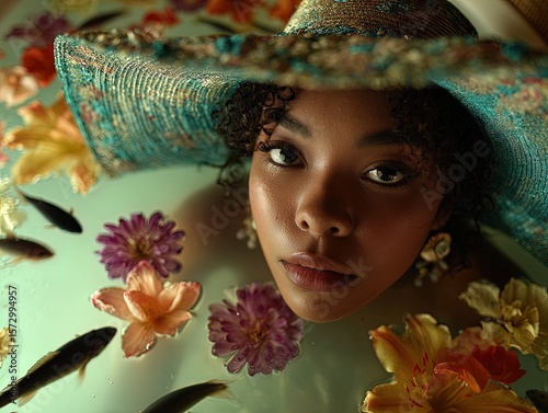 vibrant underwater elegance: a stunning poster of a woman in a milky bathtub surrounded by flower petals and fish, perfect for artistic home decor or spa interiors