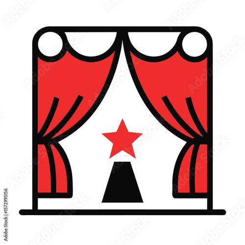 Red curtain stage with a star and black carpet for performance icon