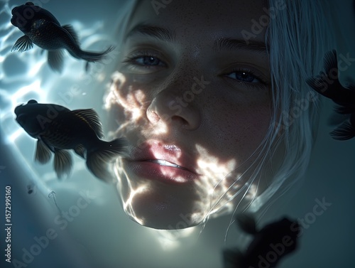 surreal underwater beauty: ethereal young woman in milky bathtub with black goldfish – perfect for modern sports interior poster
