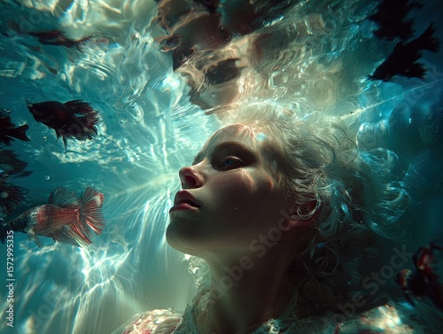 enchanting underwater beauty: a modern bathtub scene with platinum blonde floating hair and black betta fish – perfect for sporty interior posters