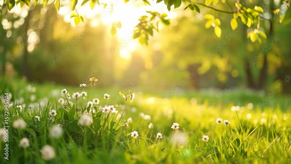 Sunlit meadow with white wildflowers and blurred background Sunlit meadow with white wildflowers and blurred background